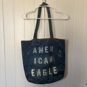 American Eagle Blue Denim Tote with Brown Patch